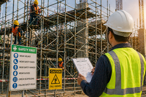Construction workers following safety standards with scaffolding inspection and protective gear at building site