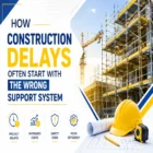 Modern construction site with scaffolding structure, tower crane, safety helmet, and engineering drawings highlighting the impact of support systems on project timelines.
