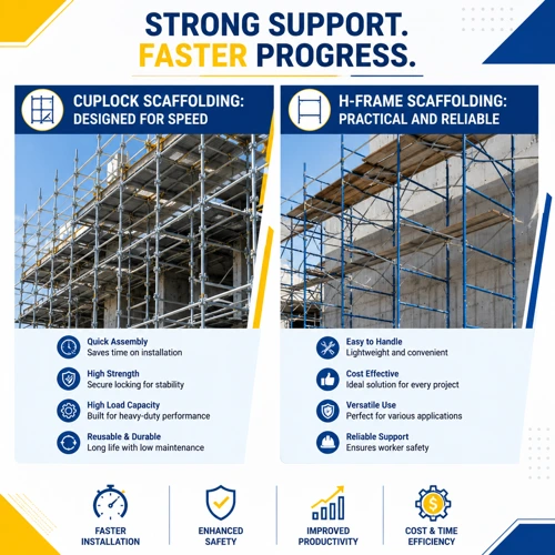 Comparison of Cuplock Scaffolding and H-Frame Scaffolding systems used in modern construction projects for speed, safety, and productivity.