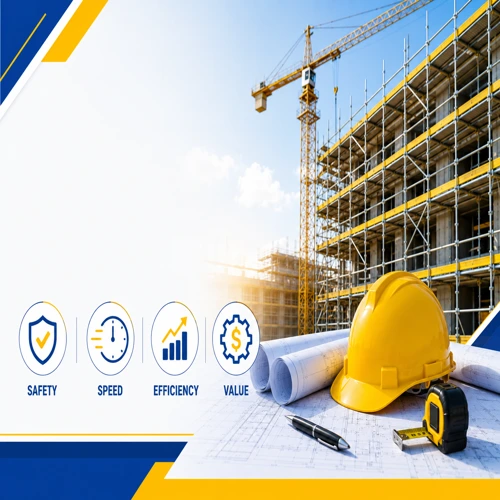 Modern construction site featuring industrial scaffolding, tower crane, safety helmet, engineering drawings, and construction planning equipment.