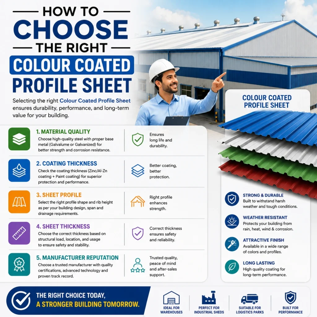 Construction engineer selecting the right Colour Coated Profile Sheet for an industrial warehouse based on quality, thickness, durability, and weather resistance.