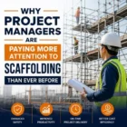 Construction project manager inspecting scaffolding structure at a building site to improve safety, productivity, and project efficiency.