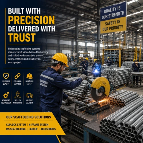 Industrial workers manufacturing scaffolding pipes and components inside a modern steel fabrication facility.