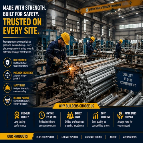 Workers manufacturing scaffolding pipes and components inside a modern industrial fabrication facility.