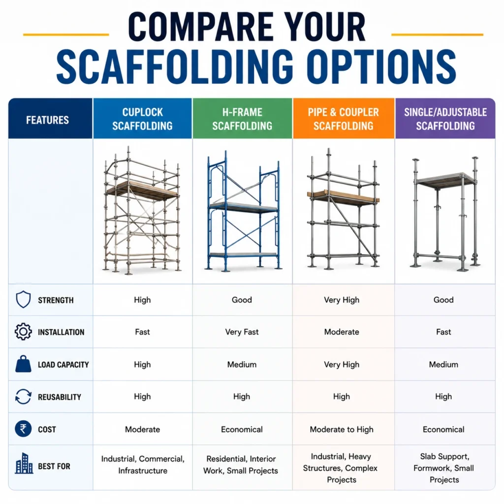 Comparison chart of Cuplock Scaffolding, H-Frame Scaffolding, Pipe & Coupler Scaffolding, and Adjustable Scaffolding for industrial, commercial, and residential construction projects.