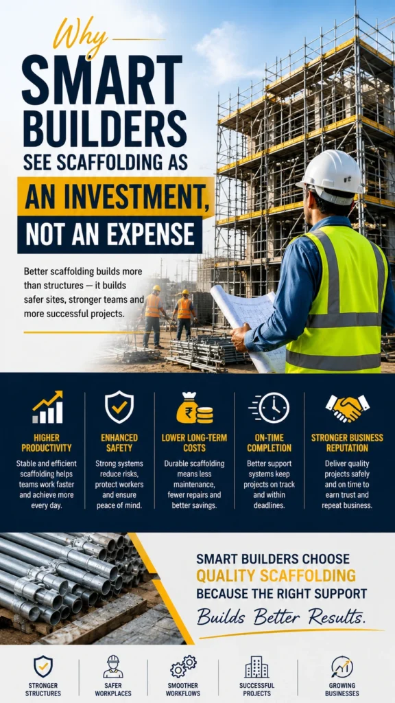 "Construction engineer inspecting a building project with advanced scaffolding systems while workers assemble materials, demonstrating productivity, safety, cost savings, and construction efficiency."
