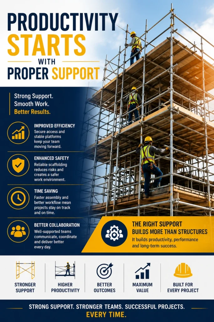 "Construction workers performing tasks on a multi-level steel scaffolding system, demonstrating safety, productivity, teamwork, and efficient project execution on a construction site."