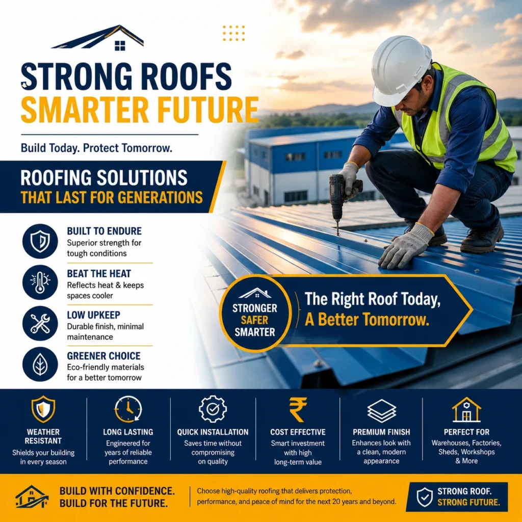 Construction engineer installing a Colour Coated Profile Sheet roof on a modern industrial building, showcasing durable, energy-efficient, and weather-resistant roofing solutions.