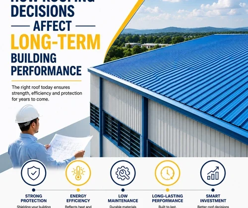Engineer inspecting a modern industrial building with a blue Colour Coated Profile Sheet roof to improve long-term building performance, durability, and energy efficiency.