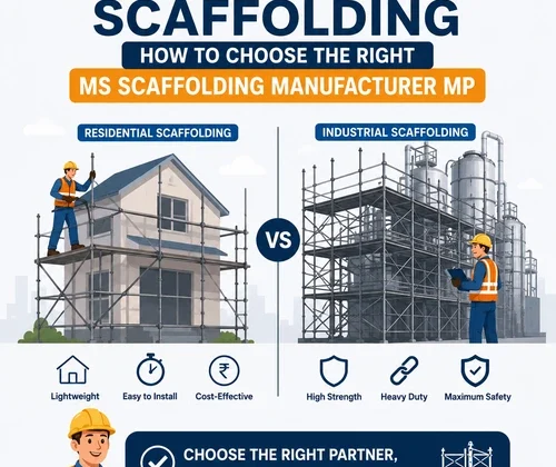 Comparison of residential and industrial scaffolding systems with construction workers, highlighting solutions from a trusted MS Scaffolding Manufacturer MP.