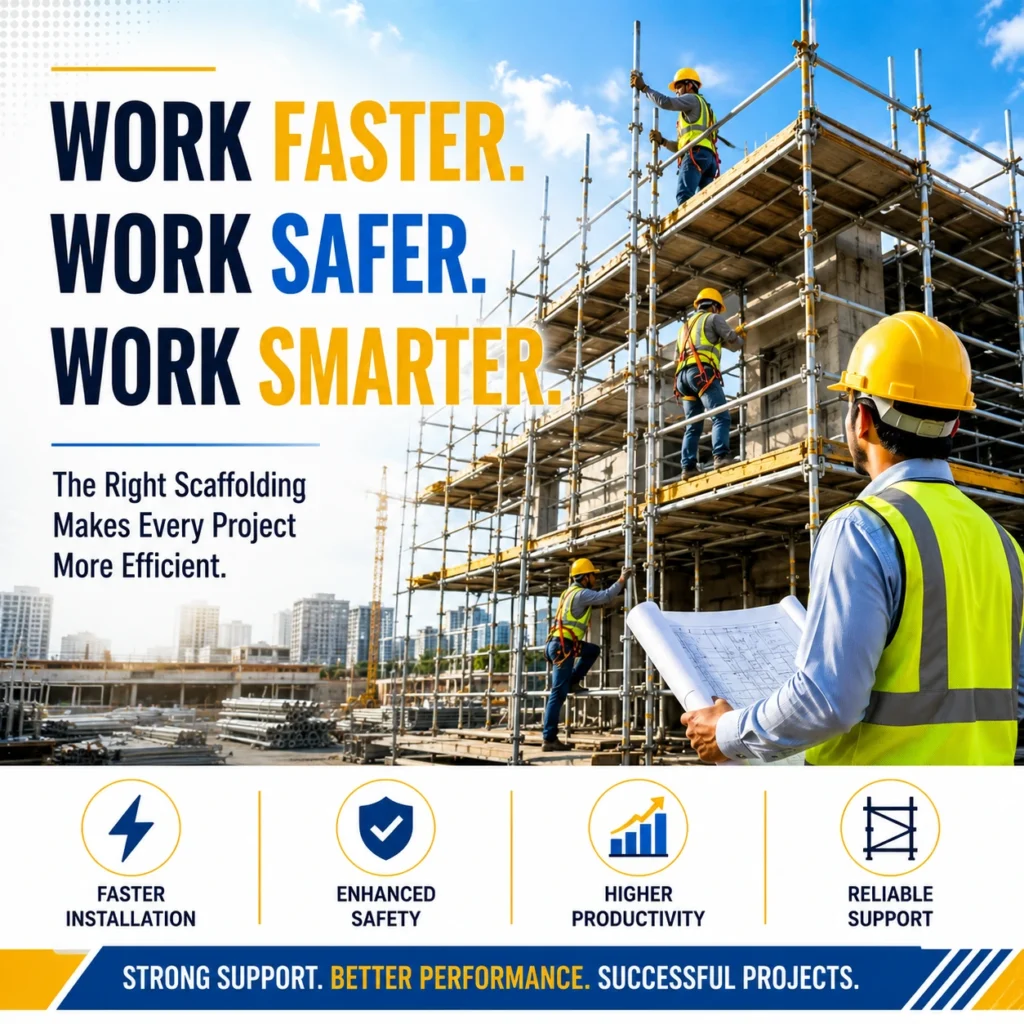 Construction workers installing scaffolding while a site engineer supervises the project to improve safety, productivity, and construction efficiency.