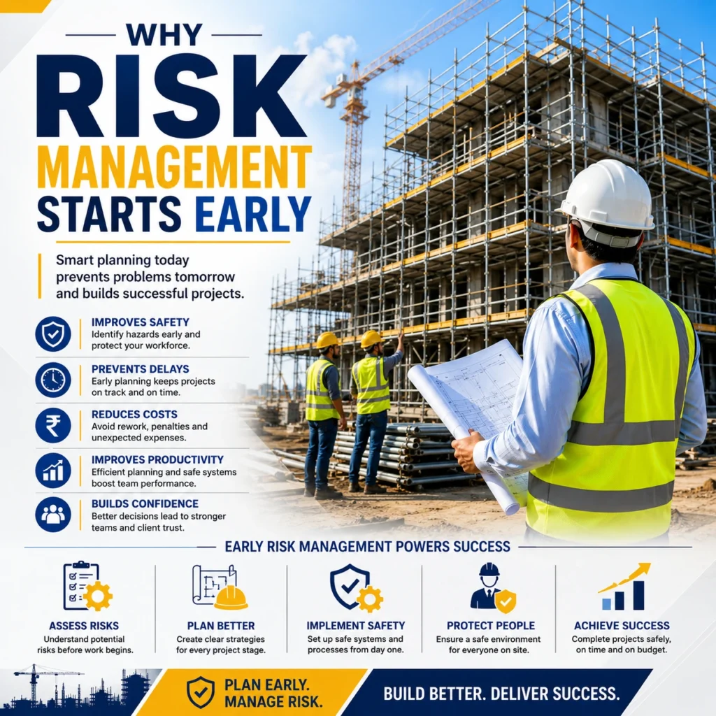 Construction engineer reviewing project plans while workers inspect scaffolding systems to reduce risks before construction begins.