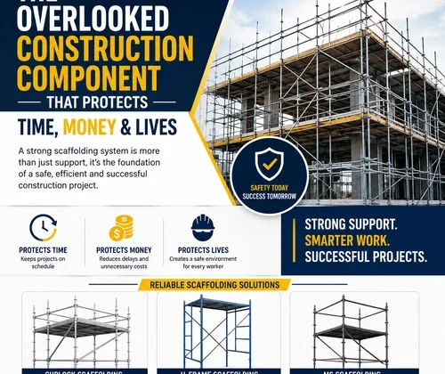 Modern construction building supported by high-quality scaffolding systems with Cuplock Scaffolding, H-Frame Scaffolding, and MS Scaffolding solutions for safe and efficient construction projects.