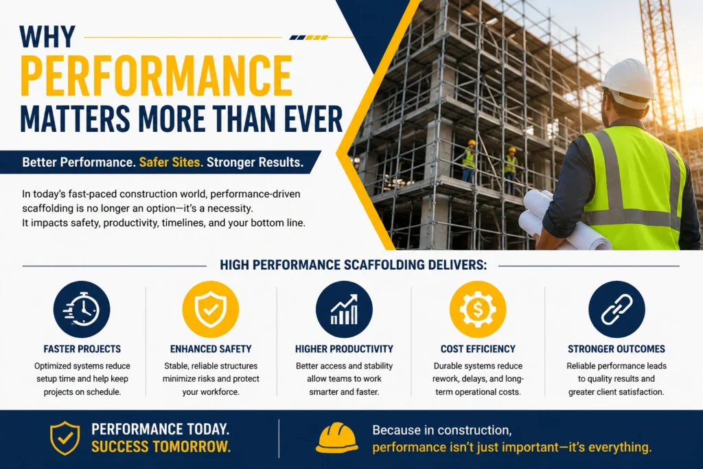 Construction engineer inspecting a modern scaffolding-supported building project, highlighting the importance of performance-driven scaffolding systems for safety, productivity, and project success.