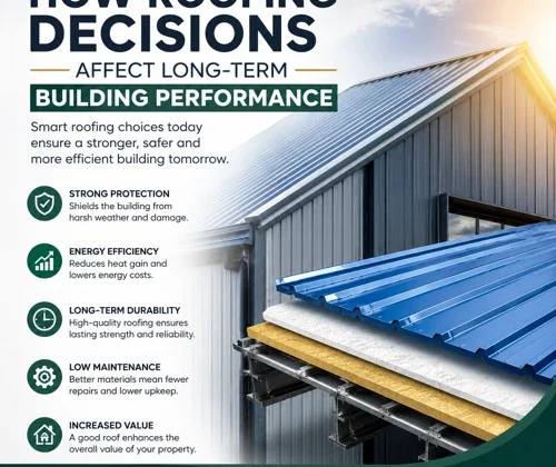 Modern industrial building with premium Colour Coated Profile Sheet roofing demonstrating durability, energy efficiency, weather resistance, and long-term building performance.