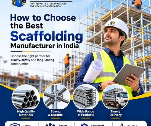 Construction engineer inspecting industrial steel scaffolding while selecting the best scaffolding manufacturer in India for safe and reliable construction projects.