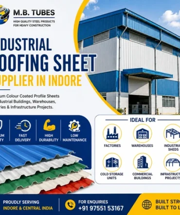 Modern industrial warehouse with blue Colour Coated Profile Sheet roofing showcasing premium industrial roofing solutions in Indore.