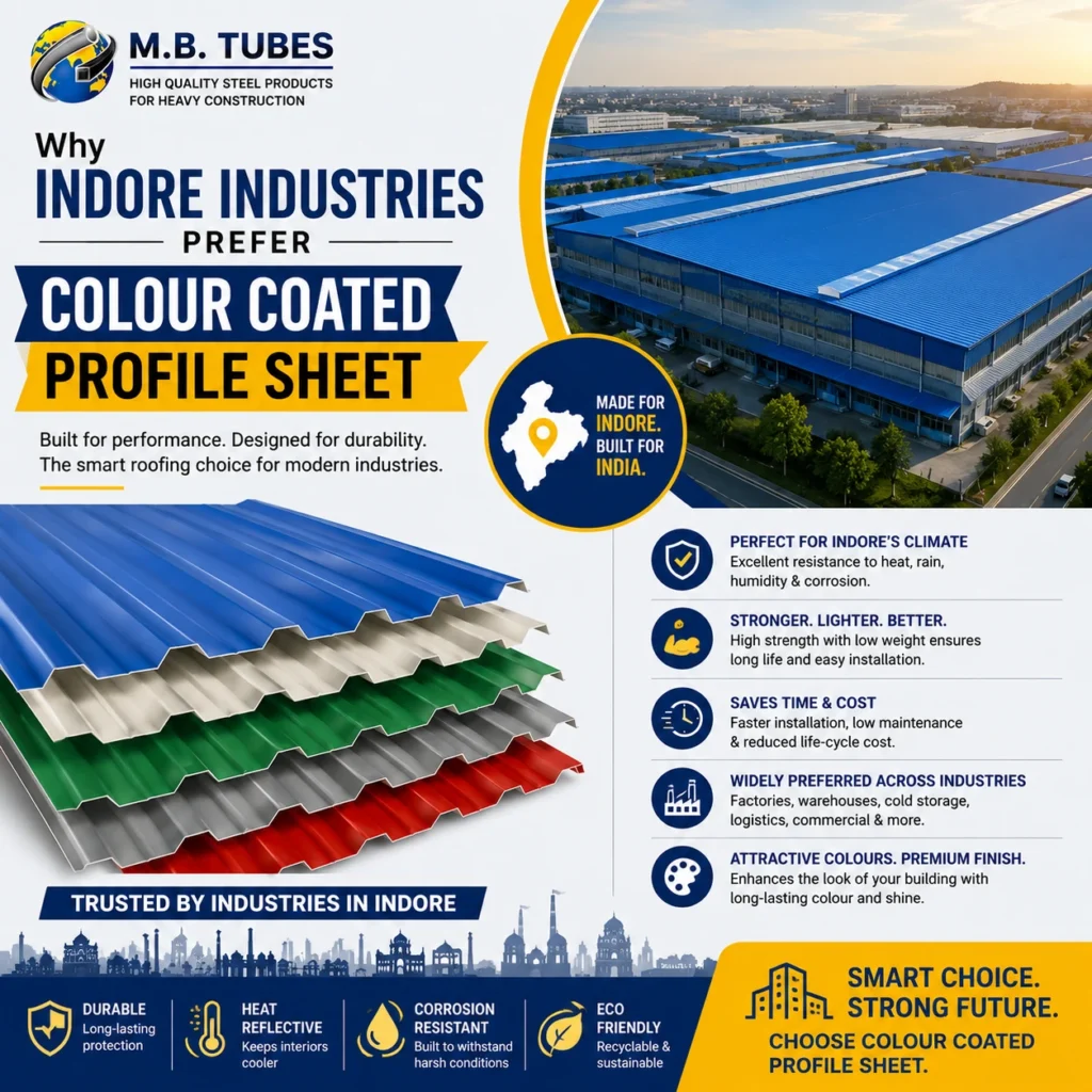 Modern industrial buildings in Indore featuring blue colour coated profile sheet roofing for factories, warehouses, and commercial infrastructure.