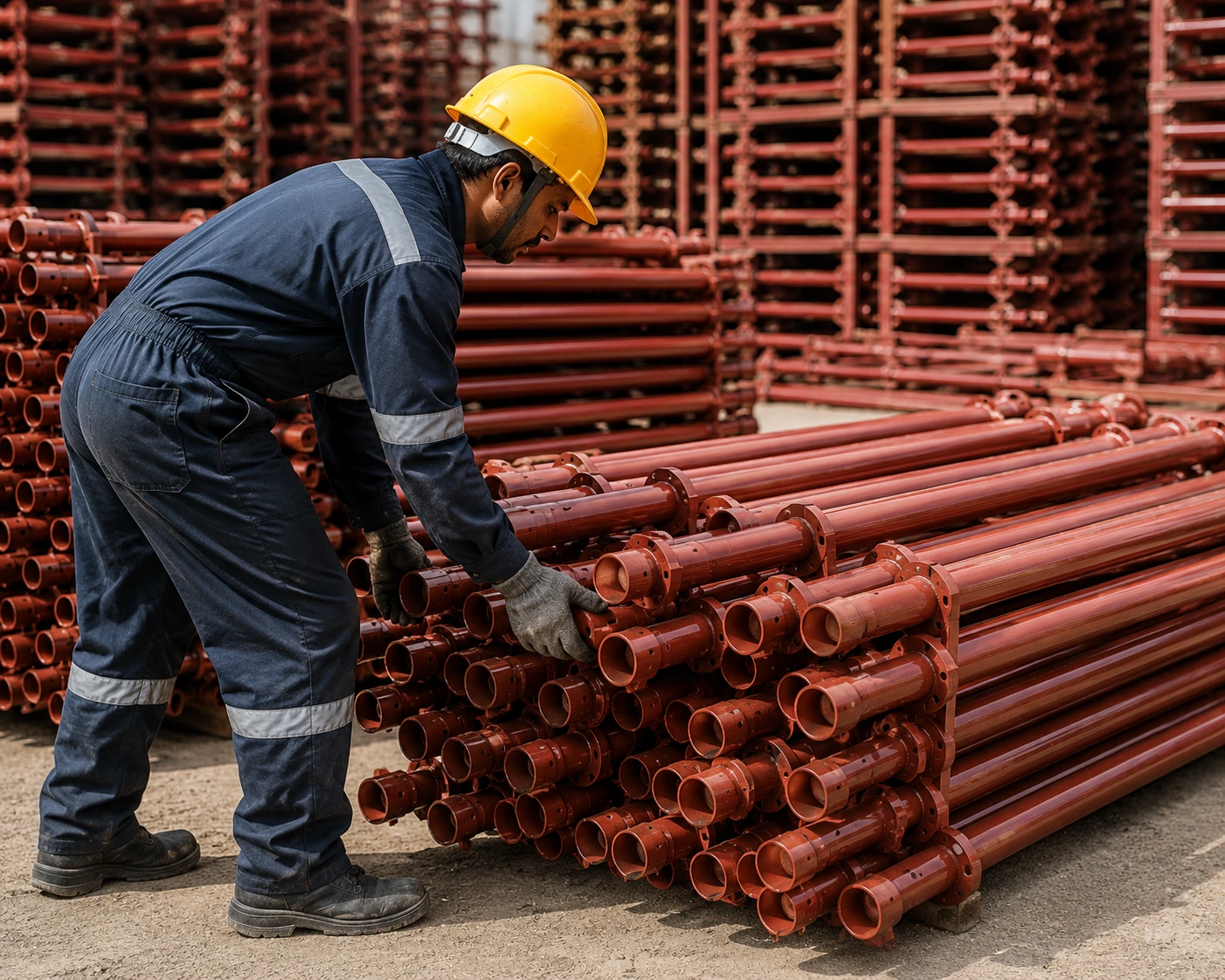 Industrial worker inspecting premium MS scaffolding pipes at a manufacturing facility in Indore, Madhya Pradesh for quality assurance and construction projects.