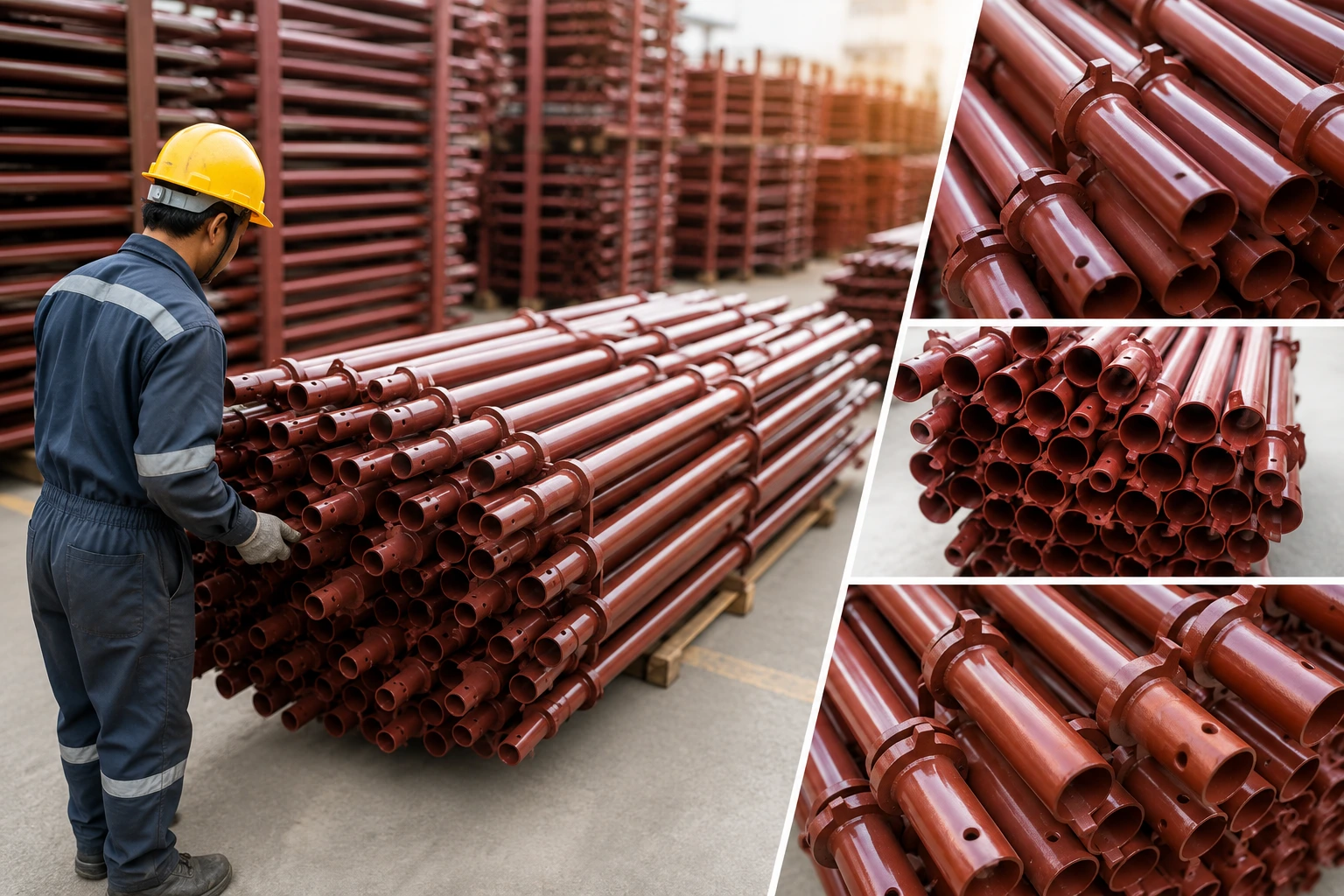 Industrial worker inspecting premium MS scaffolding pipes at a trusted MS Scaffolding Manufacturer in MP for quality assurance and industrial construction projects.
