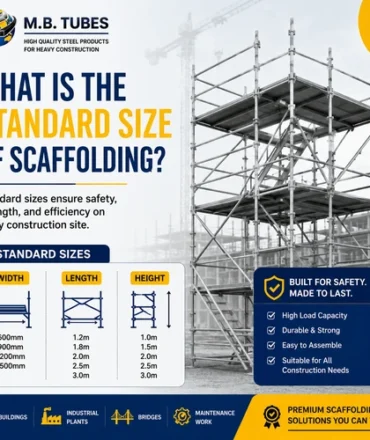 Standard size MS scaffolding system with width, length, and height dimensions for safe construction, manufactured by M.B. Tubes.