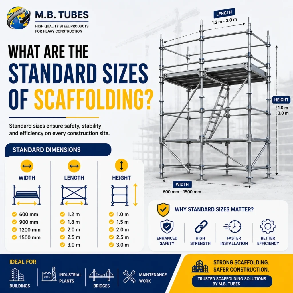 Standard MS scaffolding dimensions showing width, length, and height for safe industrial and construction applications by M.B. Tubes.
