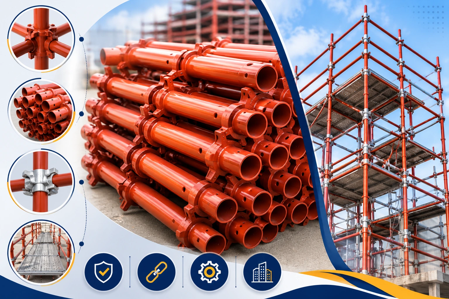 Premium Cuplock scaffolding system with heavy-duty steel components used in commercial, industrial, and construction projects for safe and efficient access.