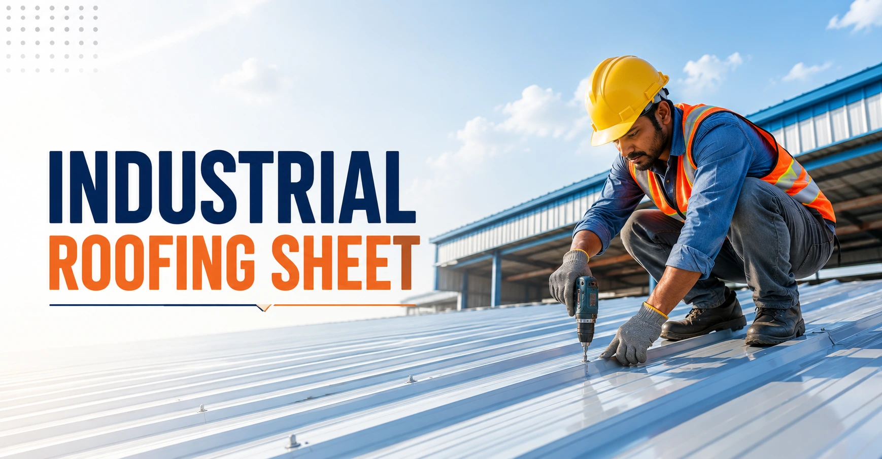 Worker installing industrial colour coated roofing sheet at a factory by Khambati Steel & MB Tubes in Madhya Pradesh.