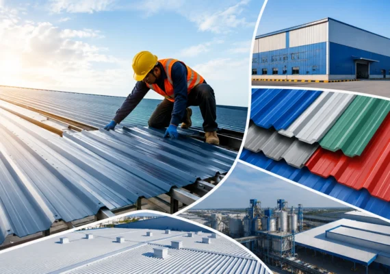 Worker installing premium colour coated profile roofing sheets on an industrial building with different roofing sheet types for warehouses, factories, and commercial structures.