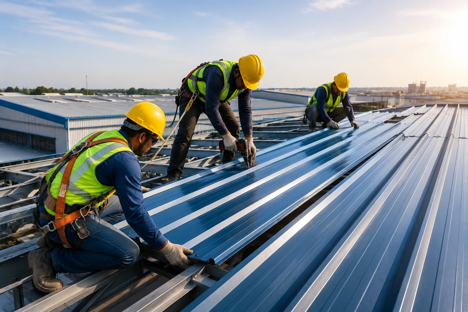 Construction workers installing premium colour coated profile roofing sheets on an industrial building using safe roofing installation techniques.