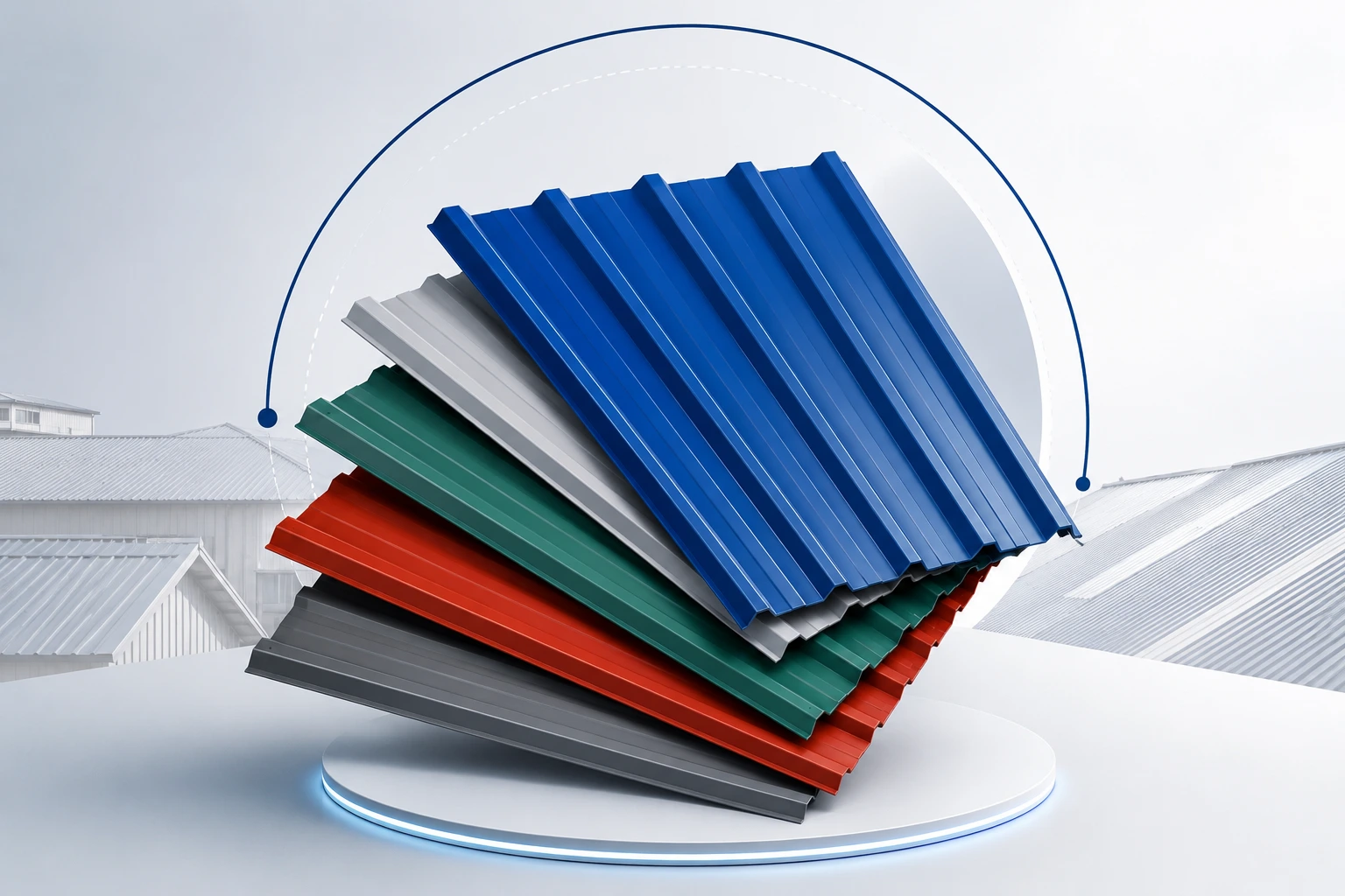 Different types of premium colour coated roofing sheets for industrial, commercial, warehouse, factory, and residential roofing applications.