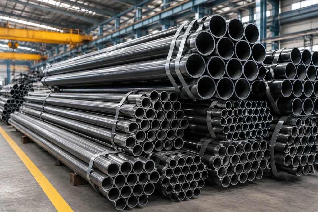 High-quality MS pipes stacked inside an industrial warehouse for structural steel, fabrication, construction, and engineering applications.