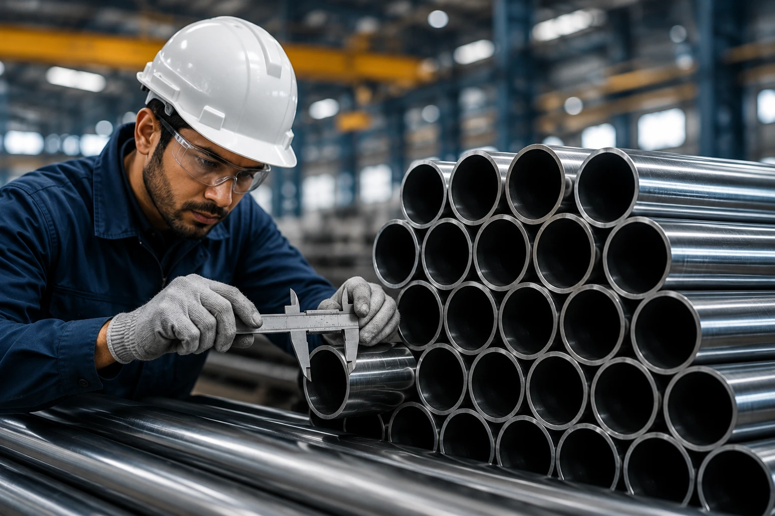 Worker inspecting premium MS pipes for quality assurance in a manufacturing facility.