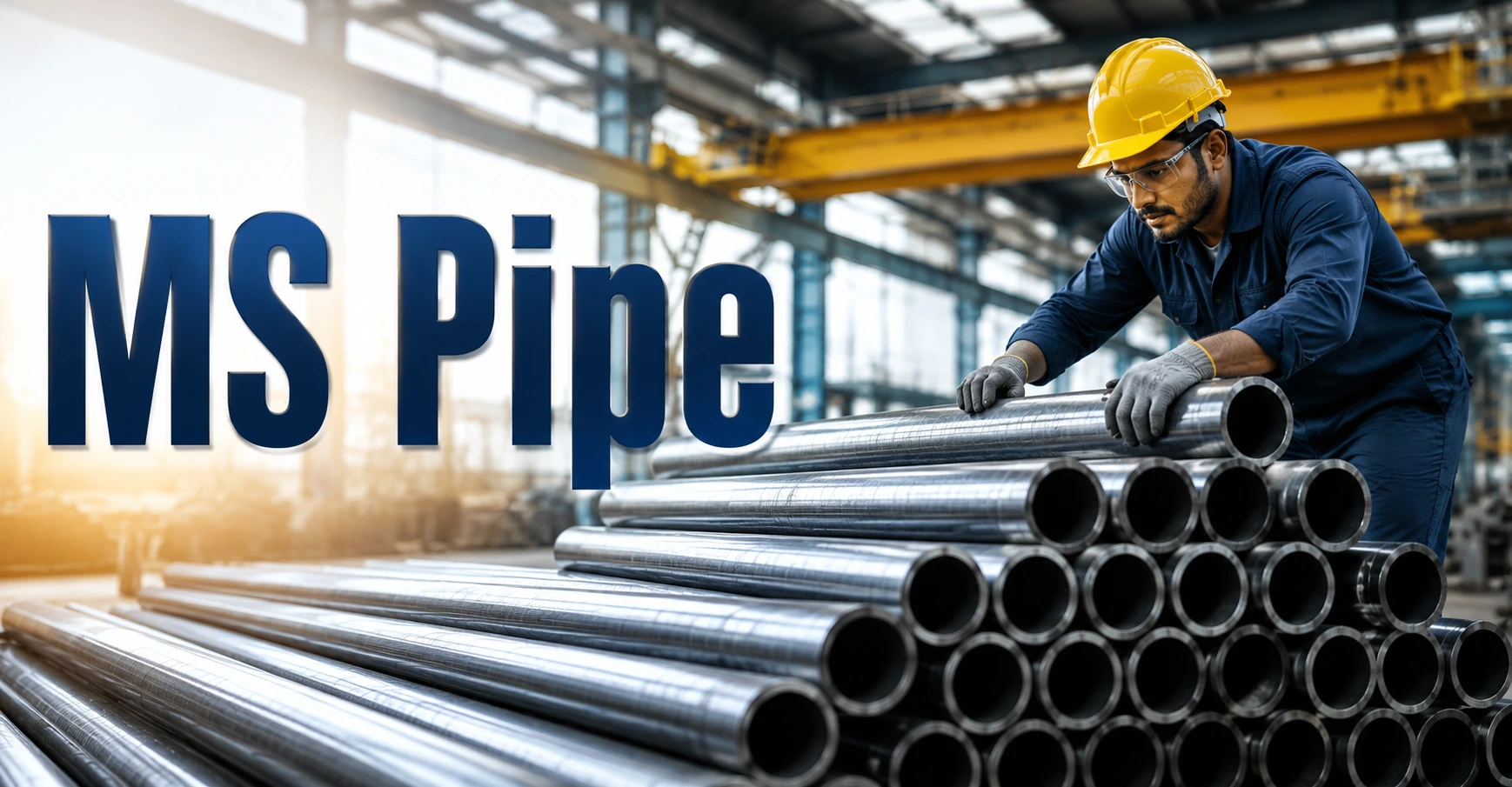 Worker inspecting premium mild steel pipes at Khambati Steel & MB Tubes manufacturing facility in Madhya Pradesh.