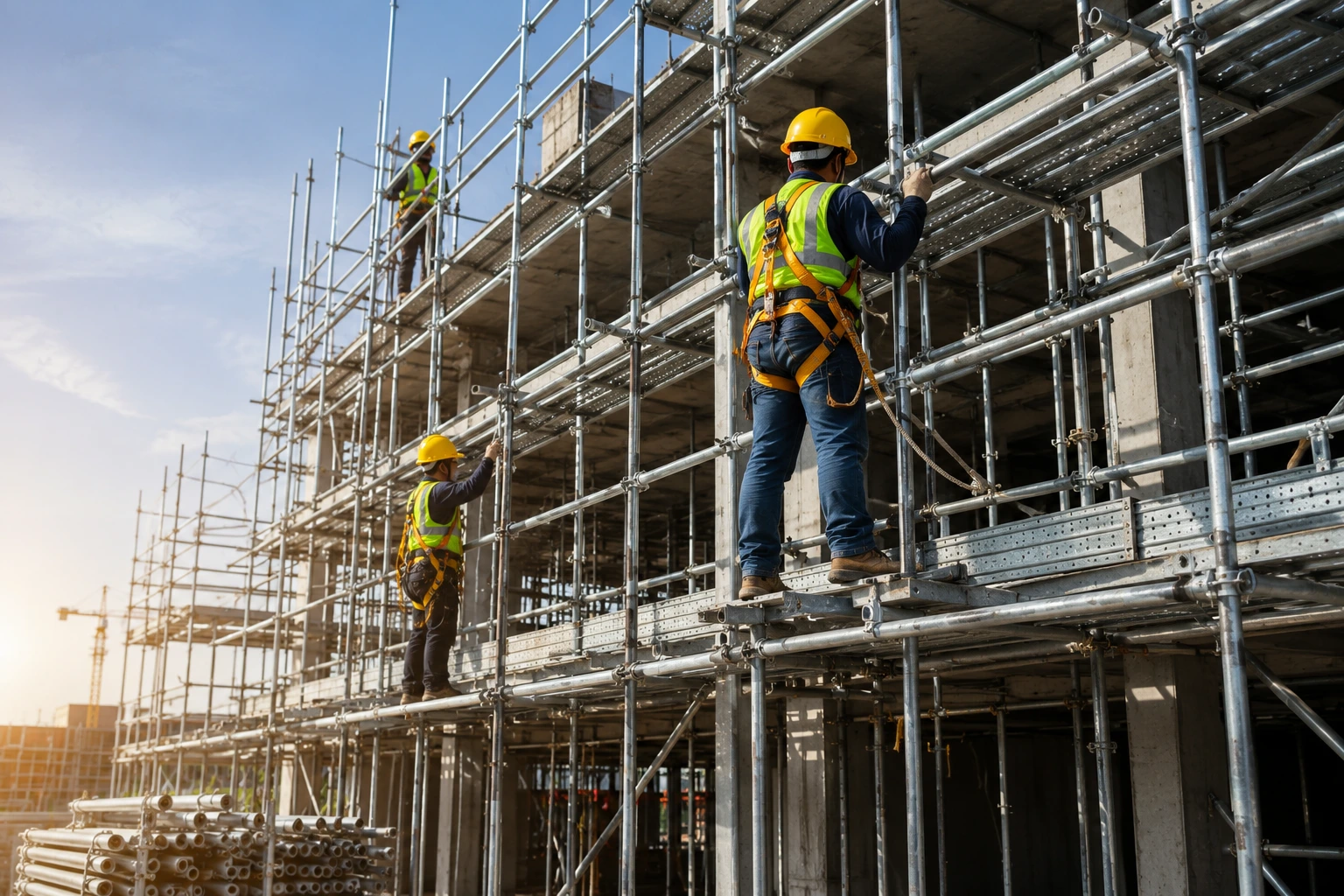 Construction workers installing steel scaffolding on a commercial building using safe scaffolding systems.