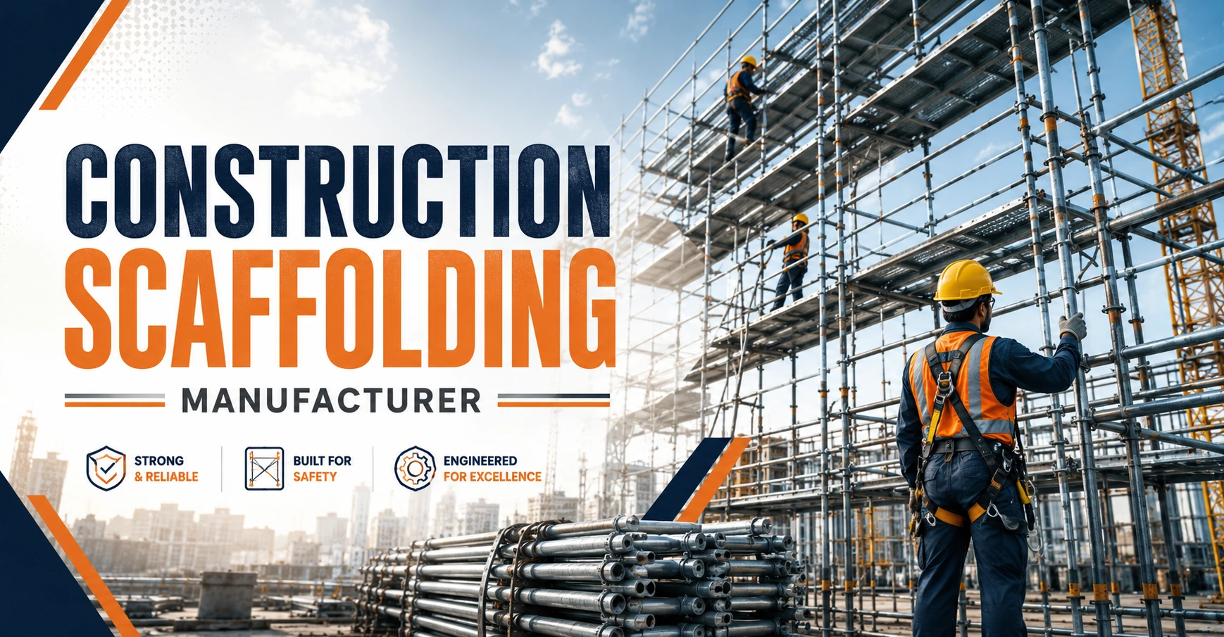Construction workers installing premium steel scaffolding systems manufactured by Khambati Steel & MB Tubes in Madhya Pradesh.
