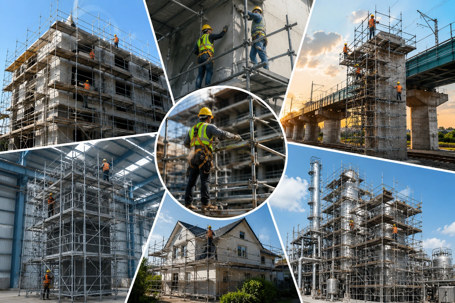 Construction scaffolding used in residential, commercial, industrial, infrastructure, bridge, and maintenance projects by skilled workers.