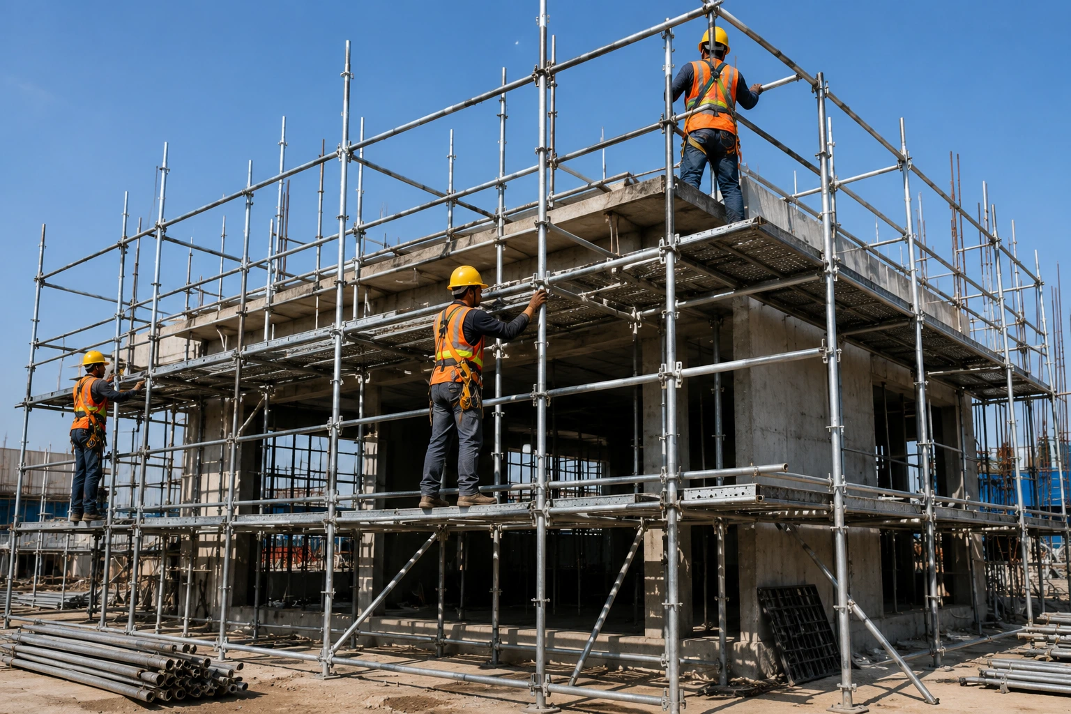 Construction workers assembling steel scaffolding around a building to provide safe access during construction work.