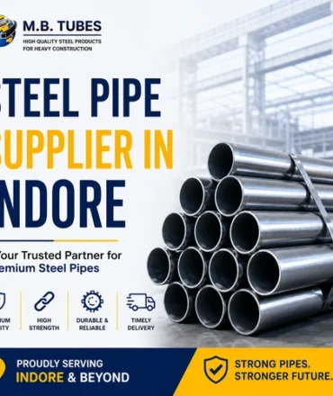 Premium steel pipes stacked in an industrial warehouse representing M.B. Tubes, a trusted Steel Pipe Supplier in Indore for construction and industrial projects.