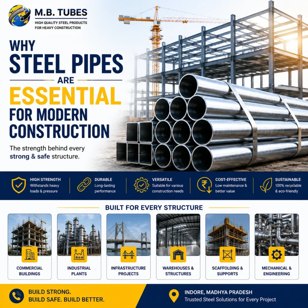 Premium steel pipes stacked at a modern construction site showcasing their strength, durability, and importance in commercial and industrial construction.