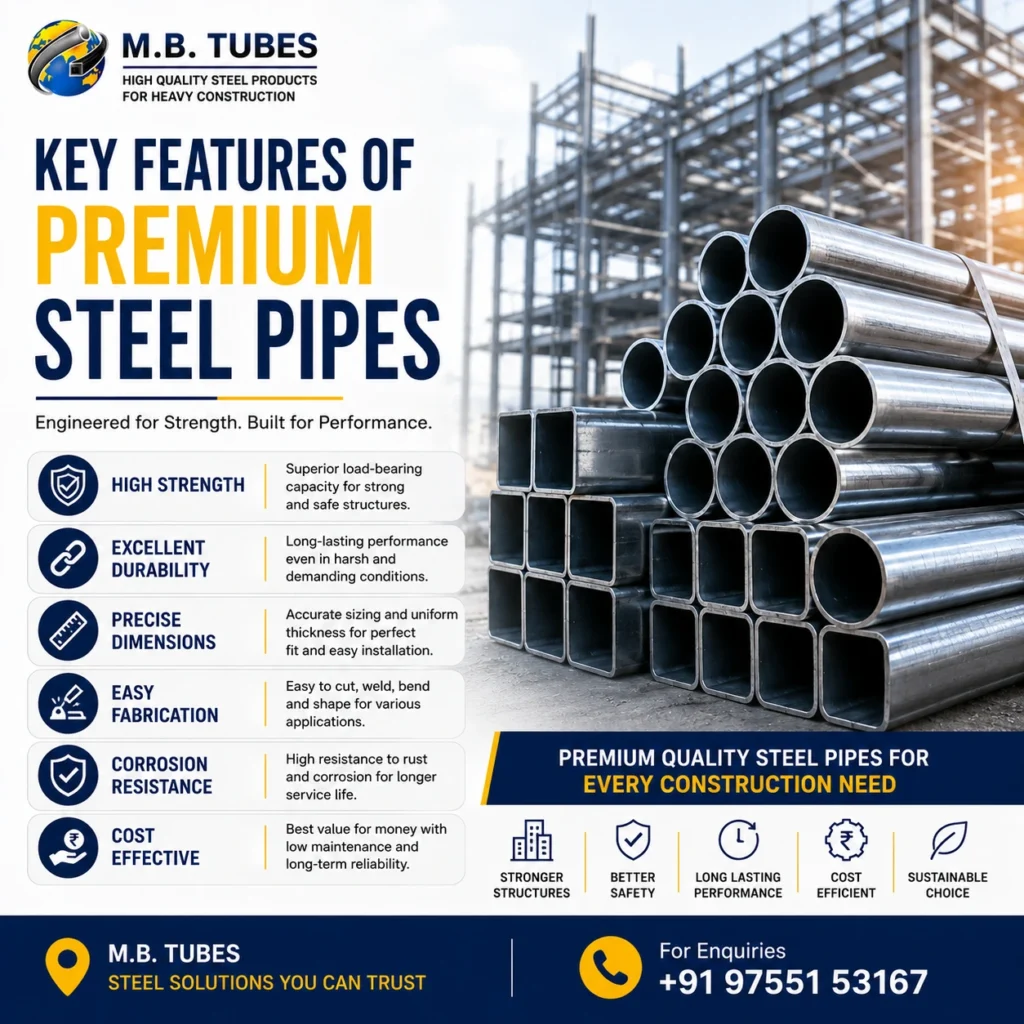 Premium round and square steel pipes showcasing high strength, durability, corrosion resistance, and precision engineering for industrial and construction applications.