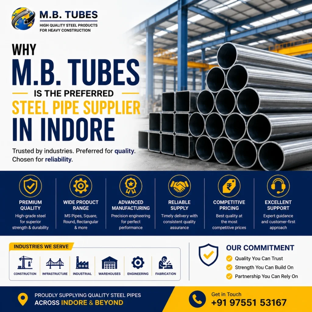 Premium round and square steel pipes at a modern industrial facility showcasing M.B. Tubes, the preferred Steel Pipe Supplier in Indore.