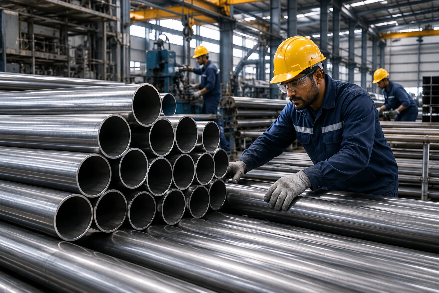 Factory worker inspecting premium steel pipes in a modern manufacturing facility for industrial and construction applications.