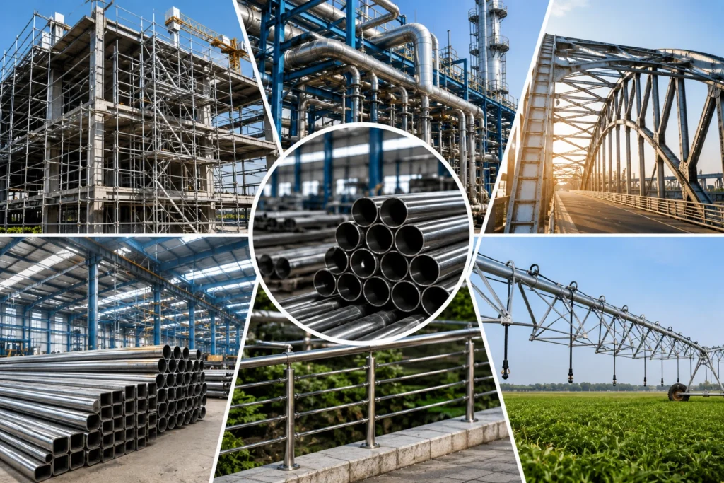 Steel pipes used in construction, industrial plants, bridges, warehouses, agriculture, railings, and infrastructure projects.
