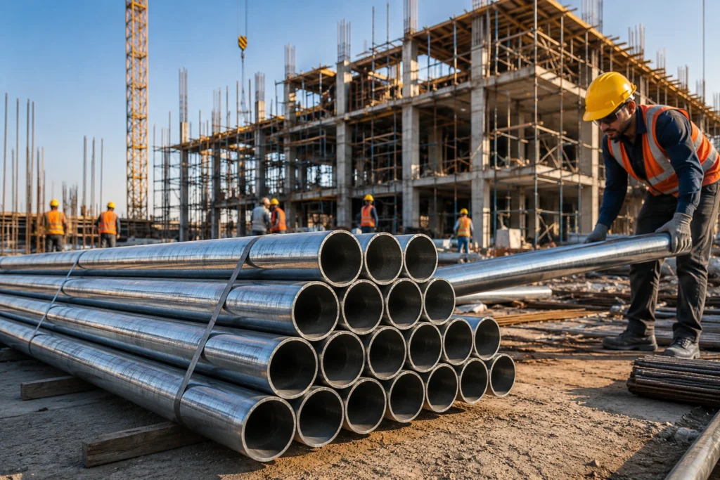 Industrial workers inspecting premium steel pipes in a modern manufacturing facility for construction and engineering applications.
