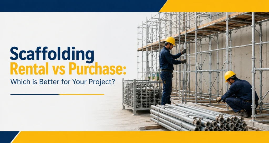 Construction workers assembling steel scaffolding at a construction site, illustrating the comparison between scaffolding rental and purchase for construction projects.