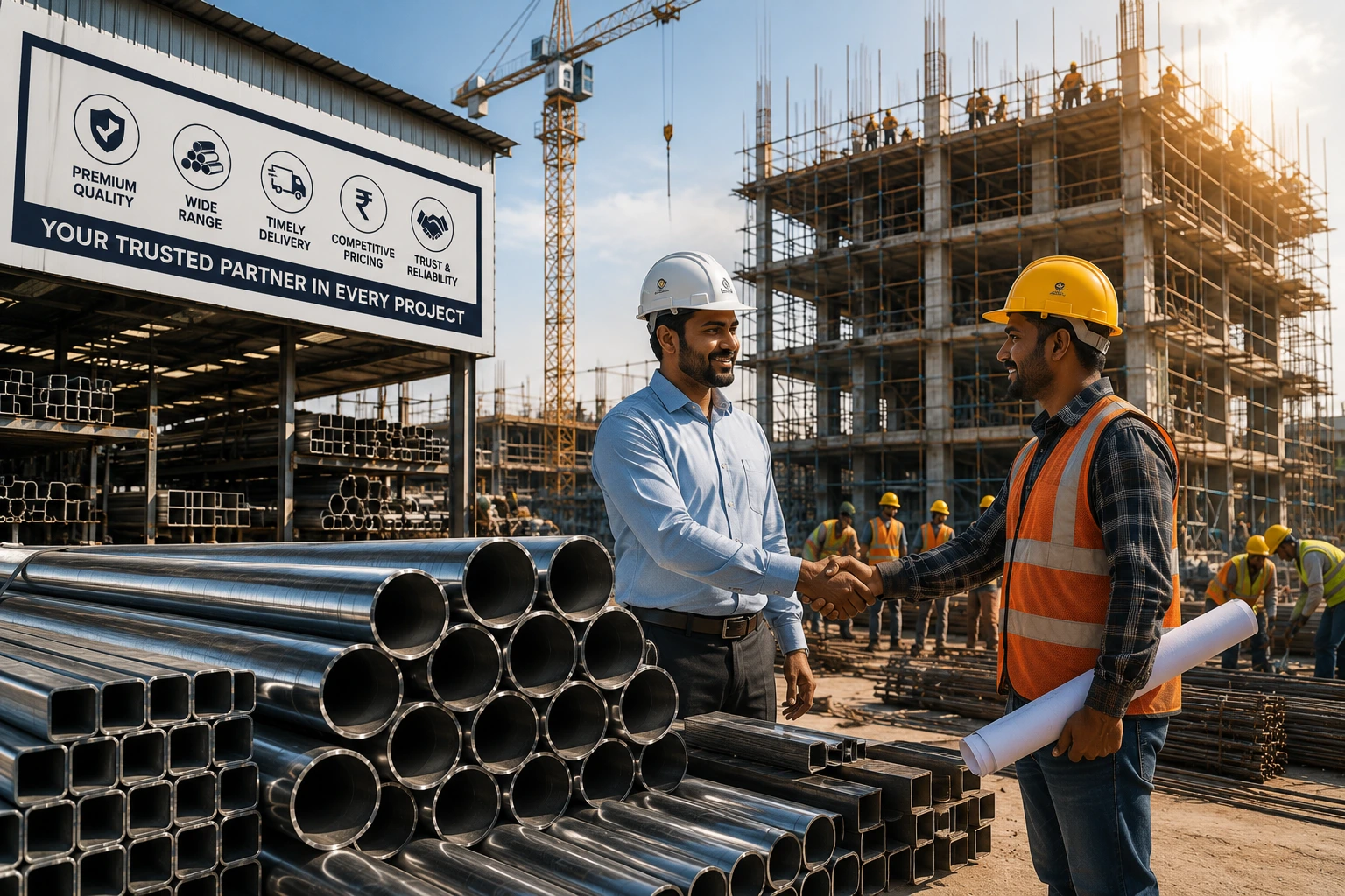 Contractor and steel supplier shaking hands at a construction site with premium steel pipes, structural steel, and active building construction in the background.