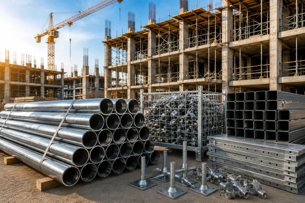 Construction scaffolding materials, MS pipes, steel tubes, shuttering plates, and scaffolding accessories at an active building construction site.