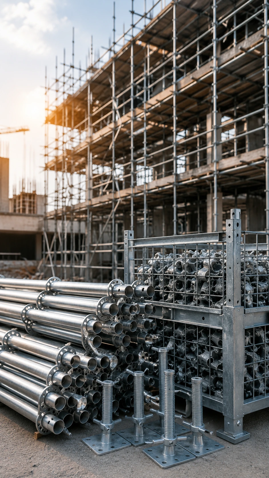Steel scaffolding materials, scaffolding accessories, and construction scaffolding system prepared for rental at a construction site.