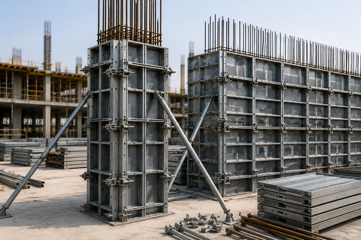 Steel formwork panels, column formwork, wall shuttering system, and construction materials at a commercial building construction site.